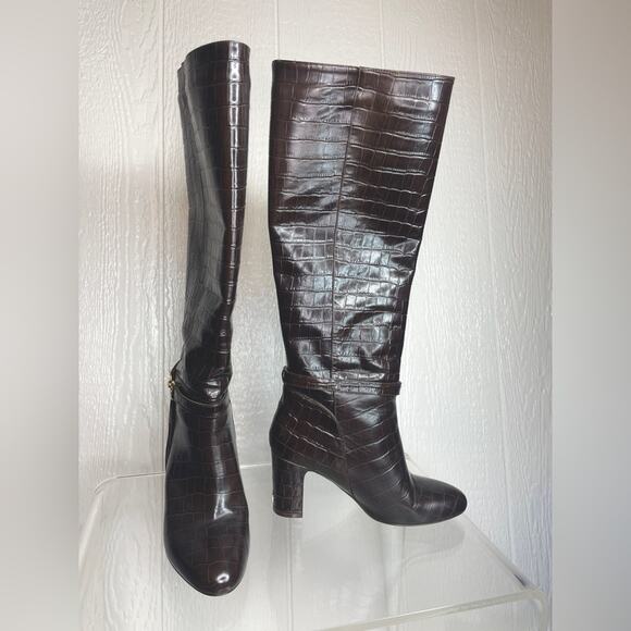 ROUJE PARIS Loana Croco Chocolat Heeled Riding Boots 37 - Picture 9 of 14